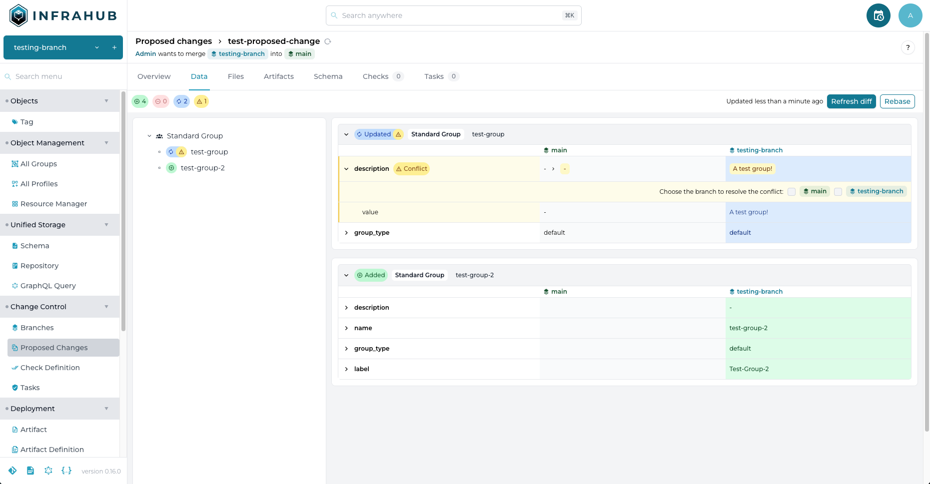 &quot;View of a diff between two branches in Infrahub v0.16.0.&quot;