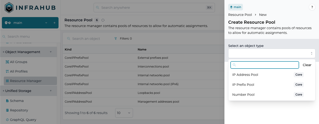 &quot;Example screenshot of the Number Pool and other Pool types in Infrahub.&quot;