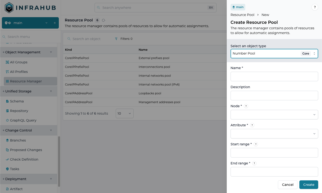 &quot;Example screenshot of configuring a Number Pool in Infrahub.&quot;