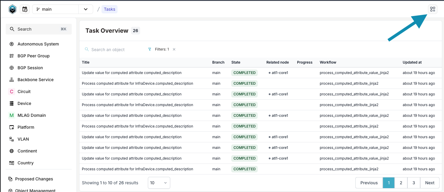 &quot;Example screenshot of Infrahub 1.1 showing the Task Overview page and an arrow pointing at the new Task Indicator.&quot;